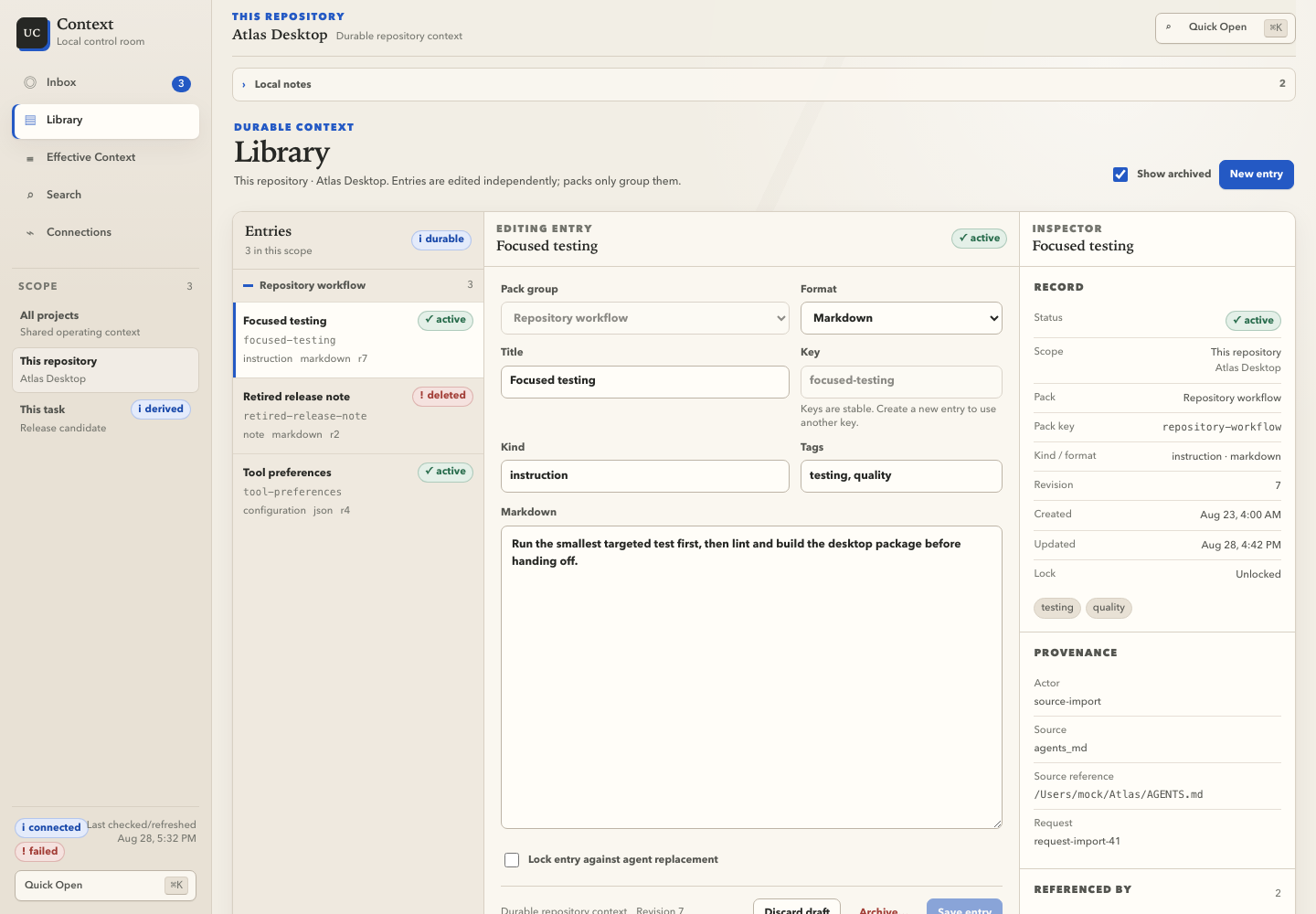 The UCM desktop library showing project context and its revision history